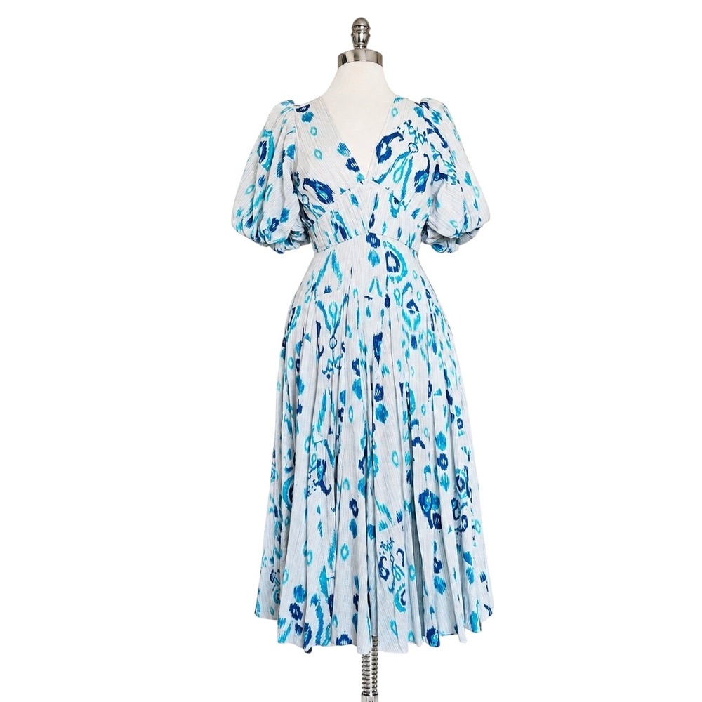 Hemant & Nandita Blue Ikat Floral Puff Sleeve Midi Dress White Metallic Sz Small - Picture 2 of 10
